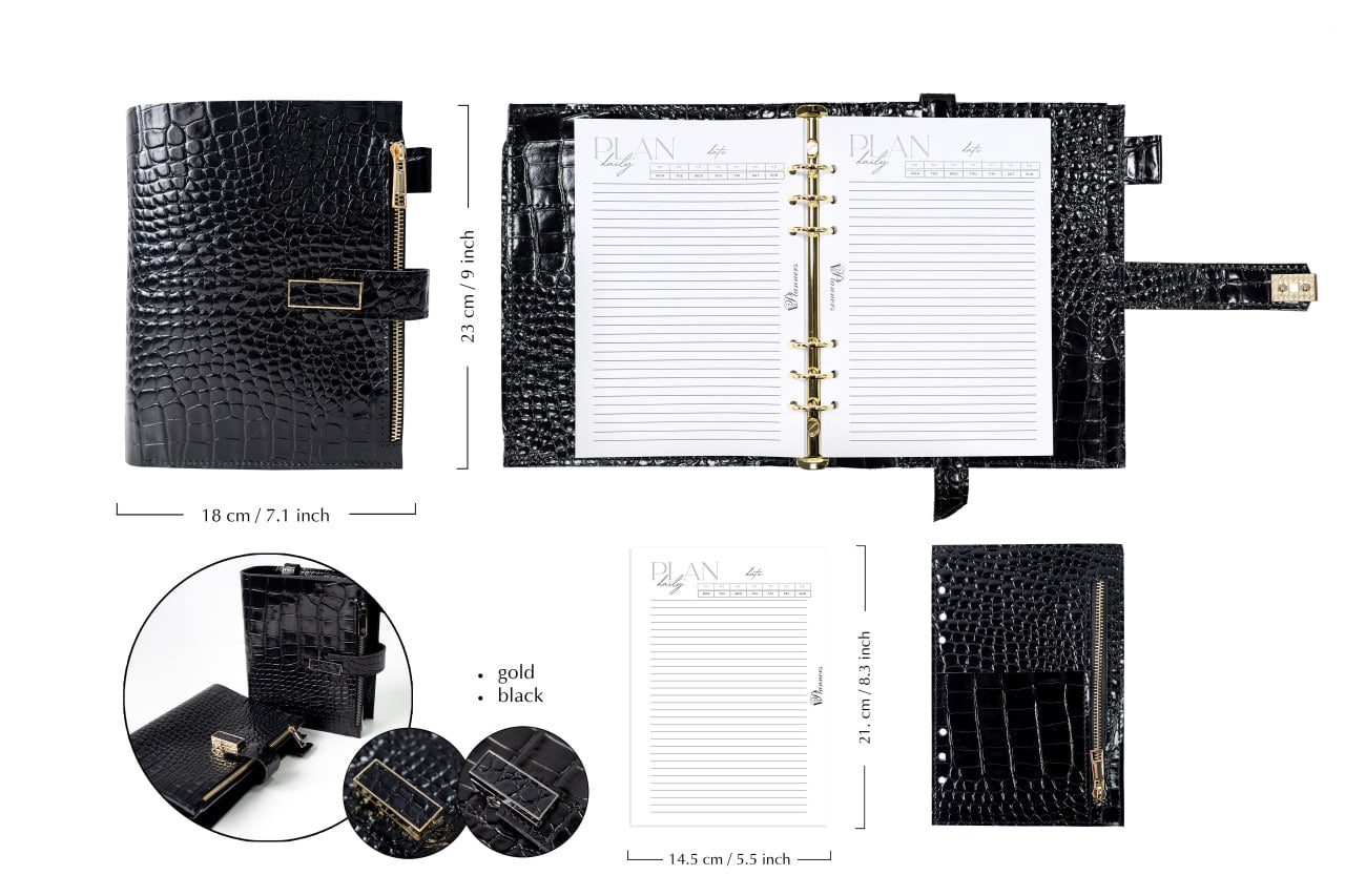 Cyprus, Limassol. Black croco leather notebook cover A5 for documents A4 and A5 format.