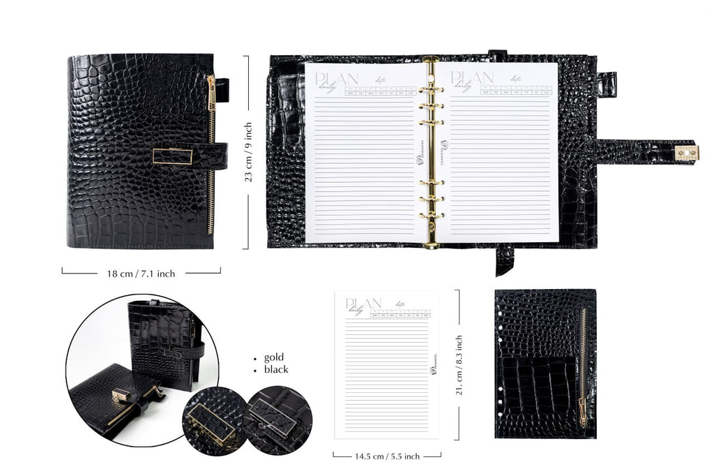 Black croco leather notebook cover A5 for documents A4 and A5 format.