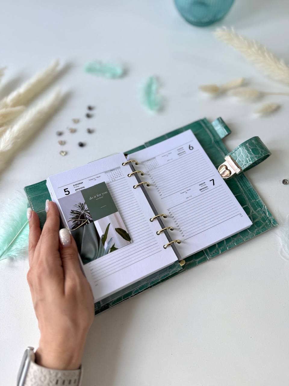 A6 NEW SIZE RARE leather green double planner cover binder 6 rings binder, dated planner, leather planner, gift for her, medium size planner.