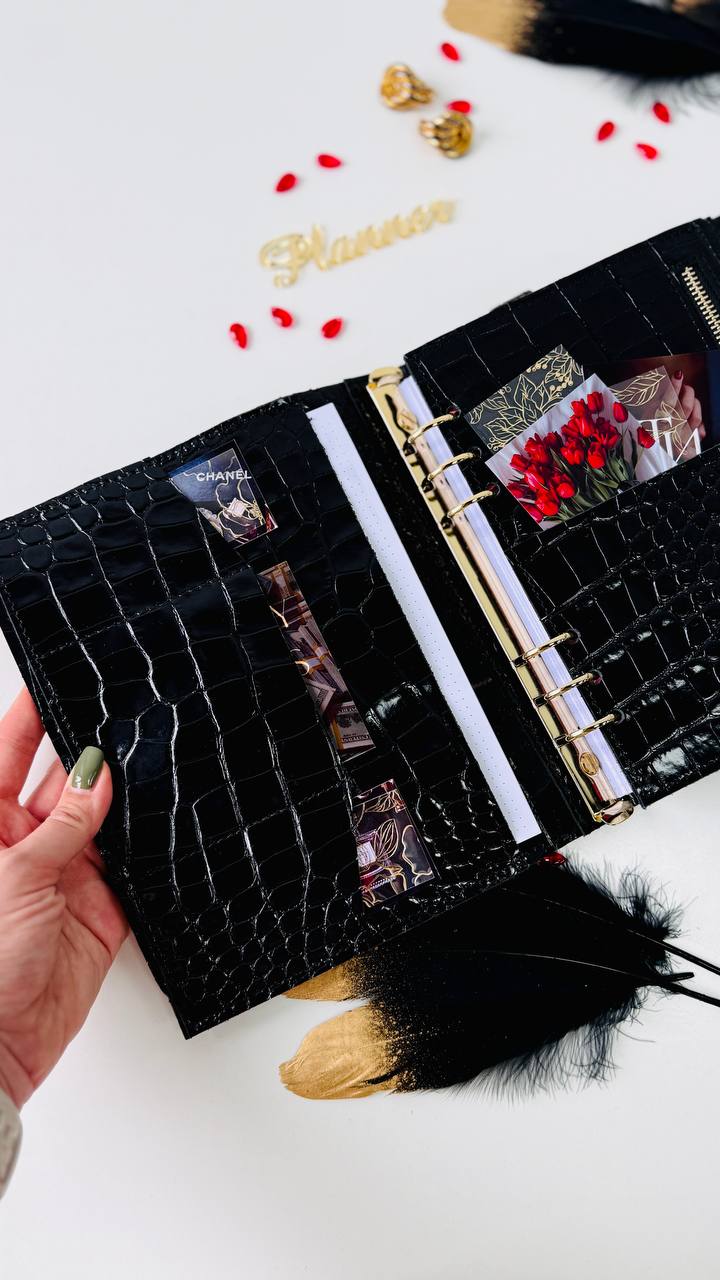 Cyprus, Limassol. Black croco leather notebook cover A5 for documents A4 and A5 format.