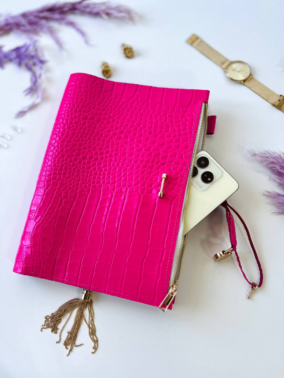 A4 leather notebook cover. Padfolio. Portfolio. A4 size with binder and pages padfolio planner. Leather hot pink.