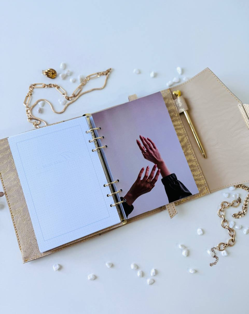 Gold leather binder big 6 rings A5.