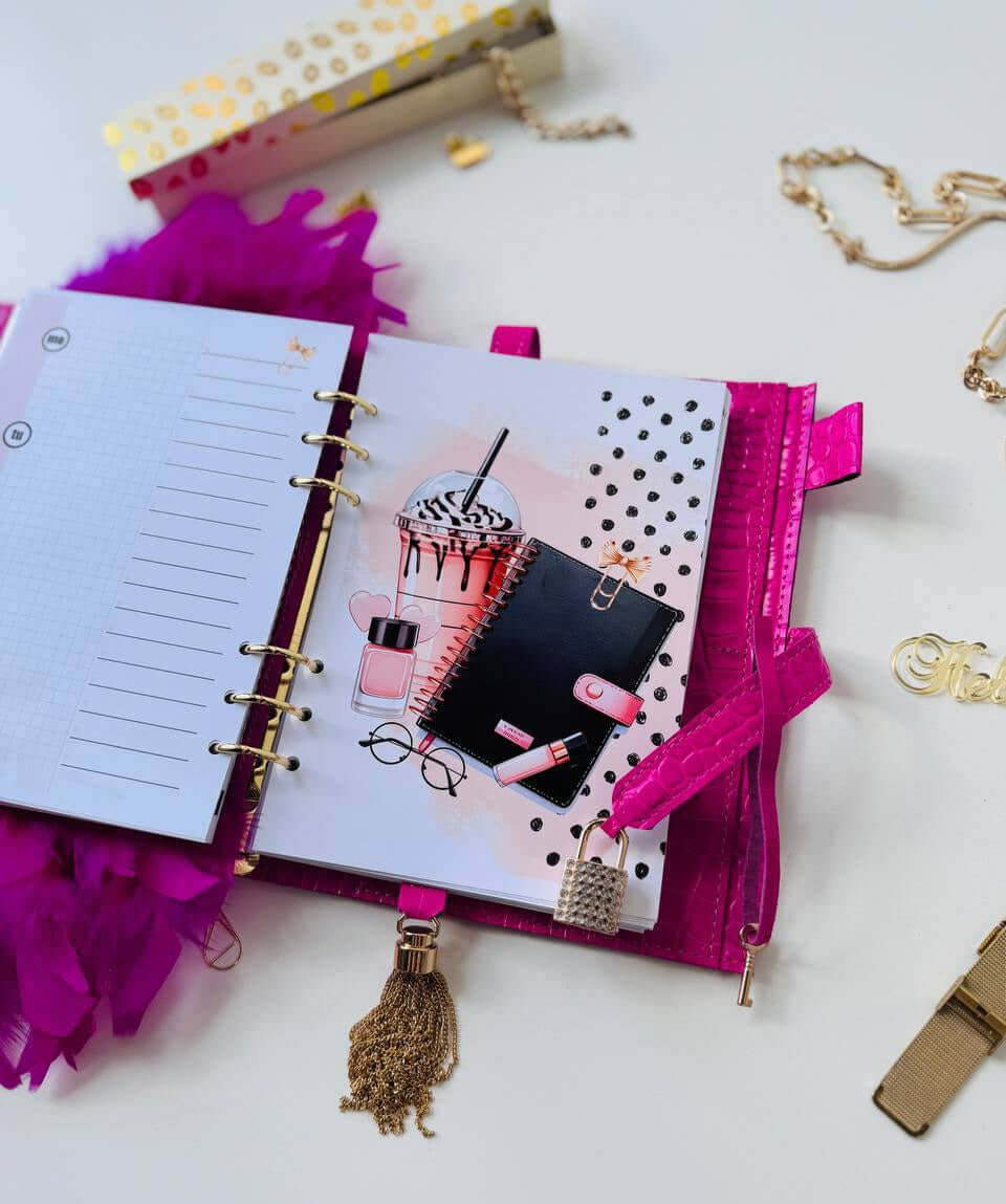 Hot pink leather planner A5 with secret lock in the stones with gifts 🎁