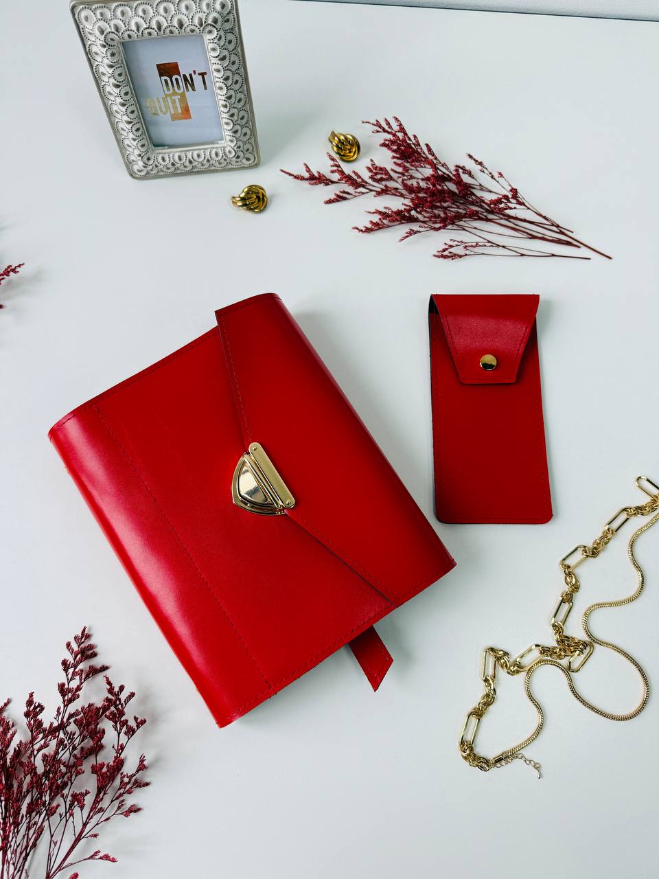 The Ultimate Statement Accessory: Red & Black Genuine Leather Gift Set. Red and black leather notebook cover A5 with leather pencil case- perfect gift 2026.