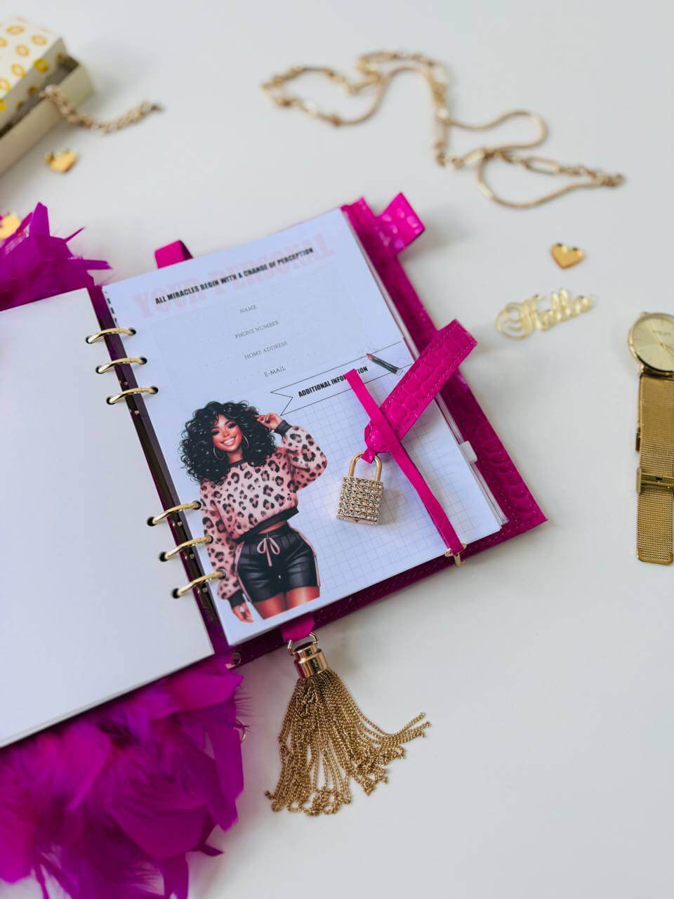 Hot pink leather planner A5 with secret lock in the stones with gifts 🎁