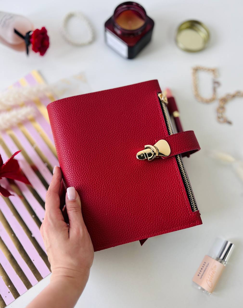 Cyprus, Limassol. Red leather notebook cover A5 for documents A4 and A5 format.