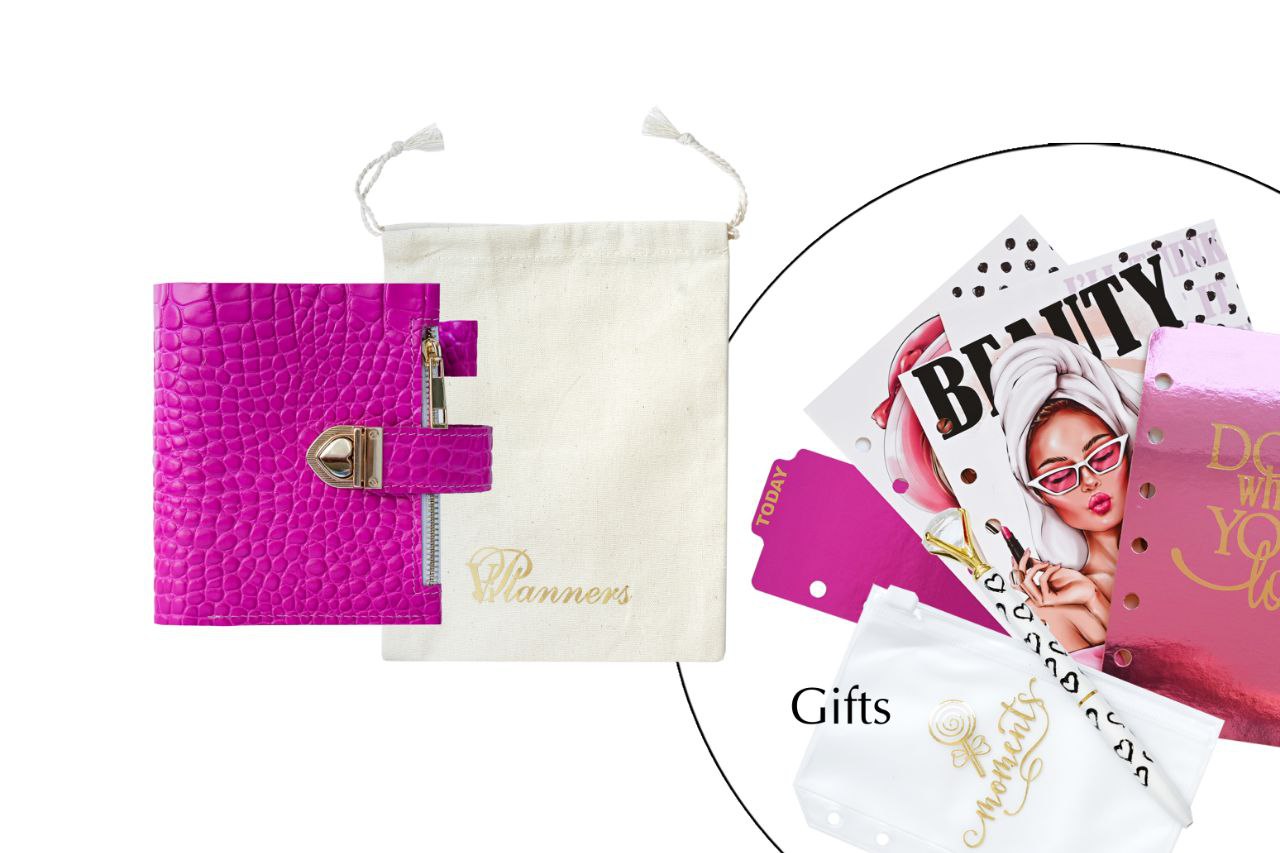 Hot pink leather notebook cover A7 mini wallet organizer 6 big binder rings.