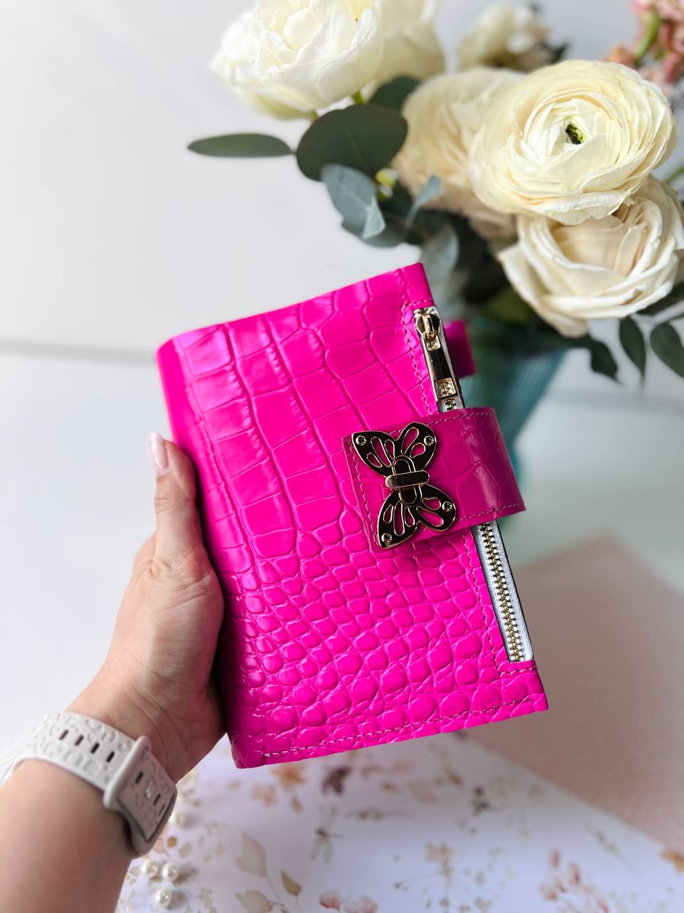 English language A6 NEW SIZE leather hot pink double planner cover binder 6 rings binder, leather planner, gift for her, medium size planner.