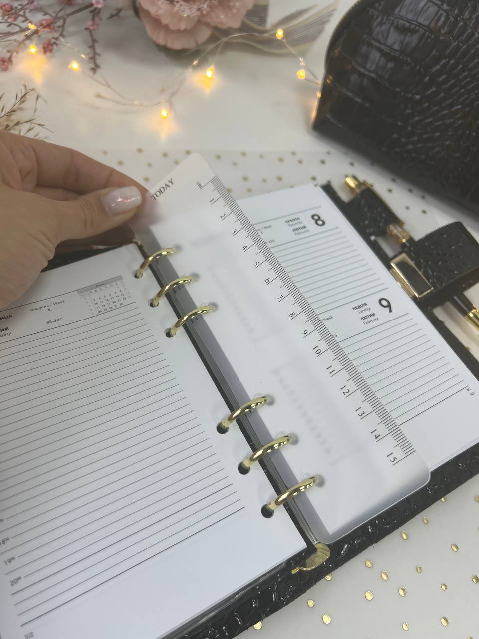 A6 leather double planner cover binder 6 rings binder, dated planner, leather planner, gift for her, medium size planner. With makeup bag.