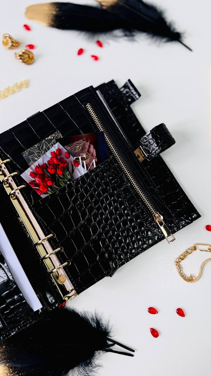 Cyprus, Limassol. Black croco leather notebook cover A5 for documents A4 and A5 format.