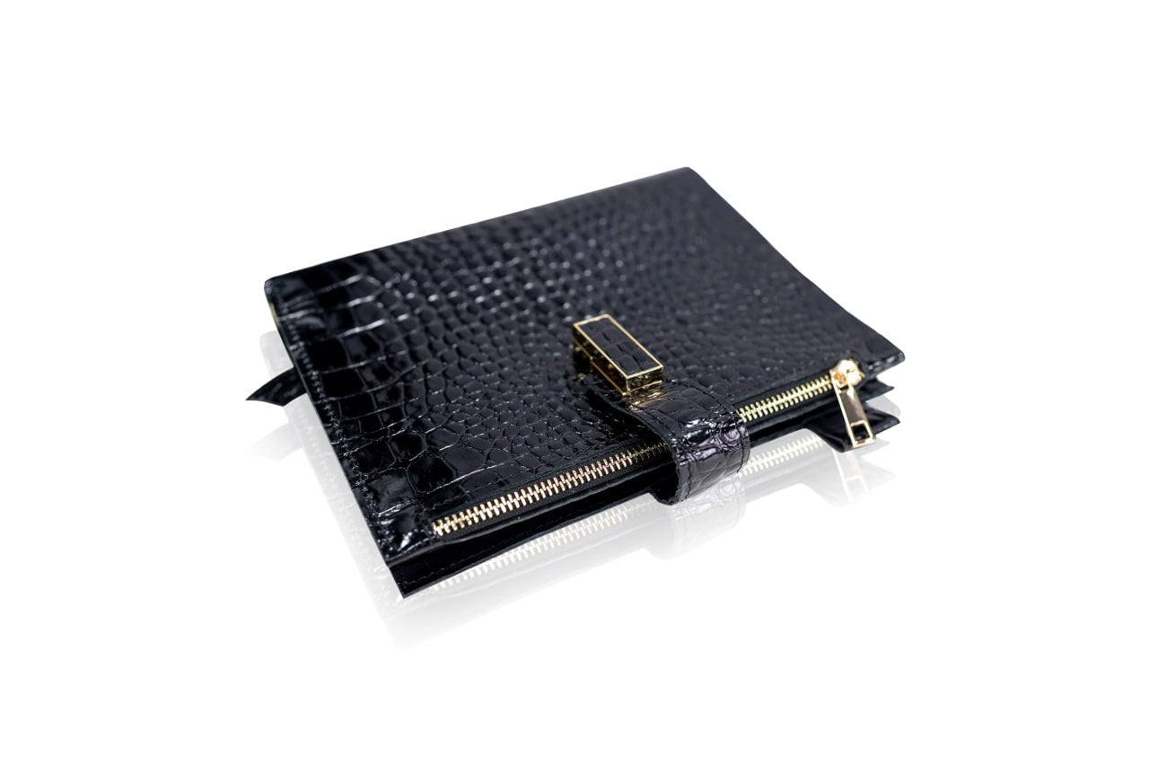 Cyprus, Limassol. Black croco leather notebook cover A5 for documents A4 and A5 format.