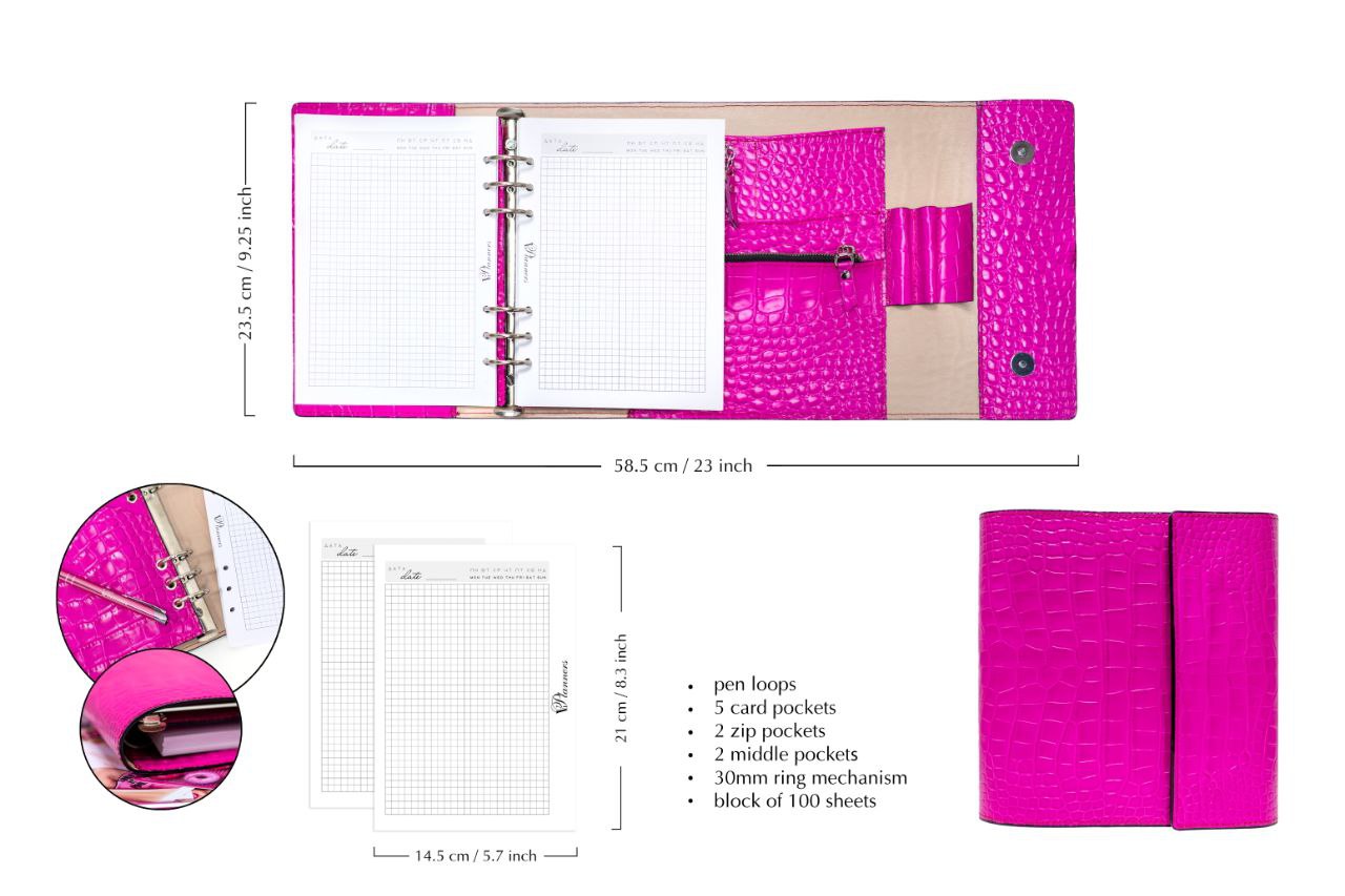 Hot pink Natural Italian Leather Planner A5, gift for her, perfect planner, Ring Planner Agenda A5 Six Ring Planner and Ring Personal Planner.