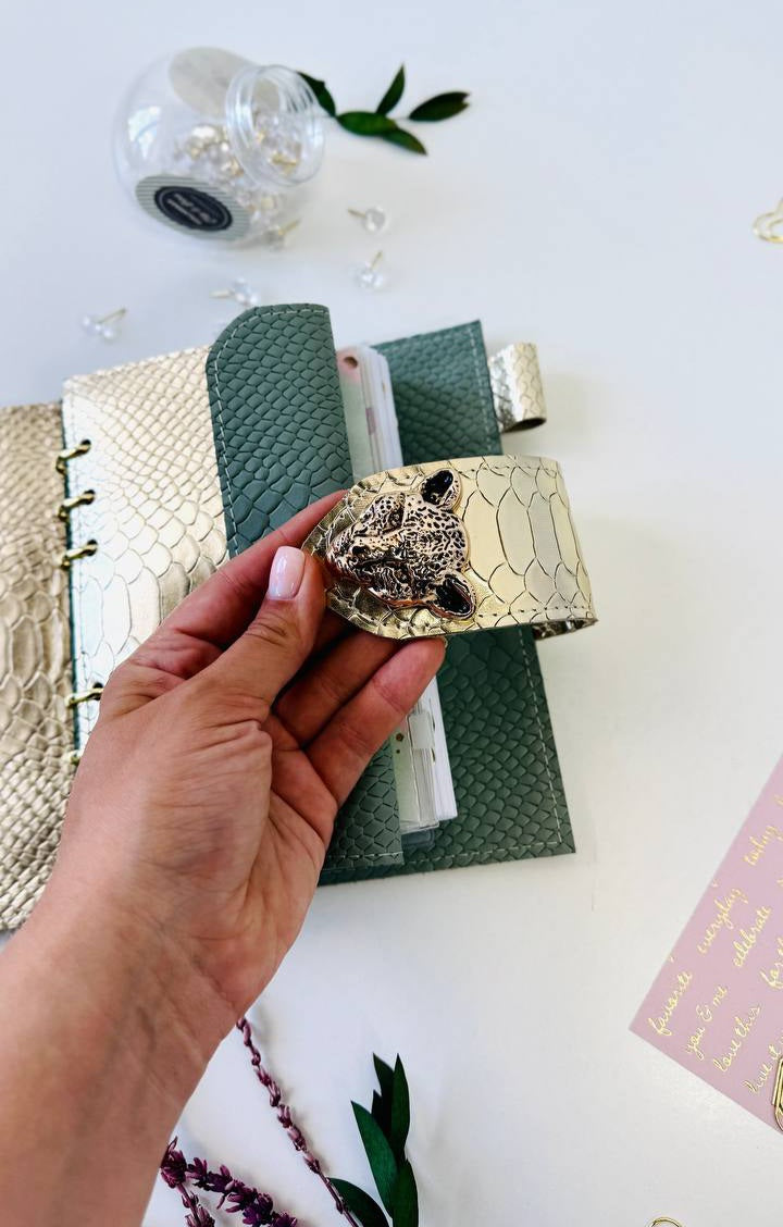 Pistachio Green A6 Genuine Leather Planner Binder – Gold Snake Accent with Panther Clasp
