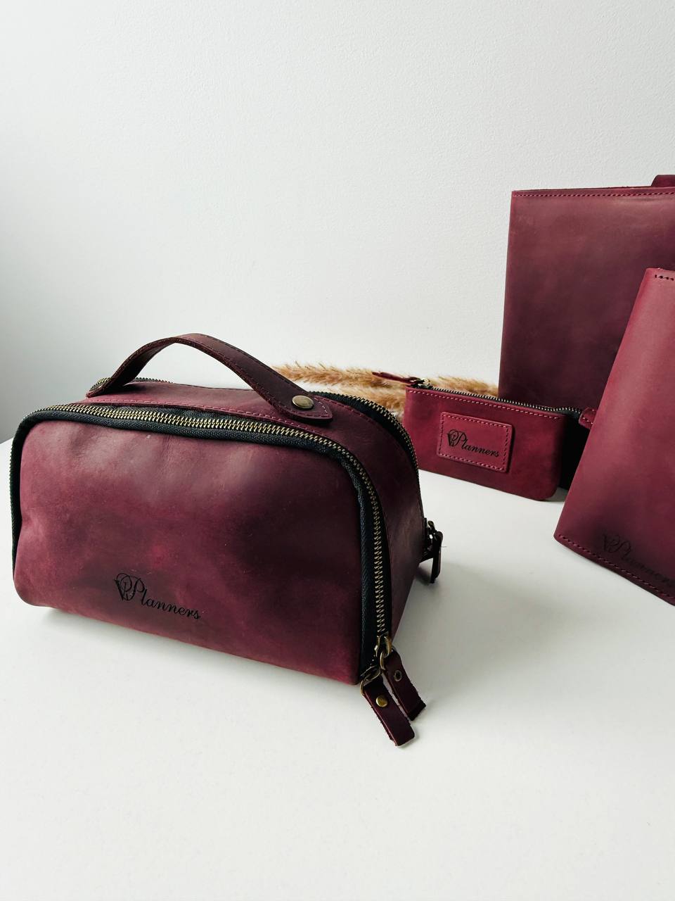 Luxury Leather Gift Set: Notebook, Wallet, Cosmetic Bag, Keychain - Personalized.