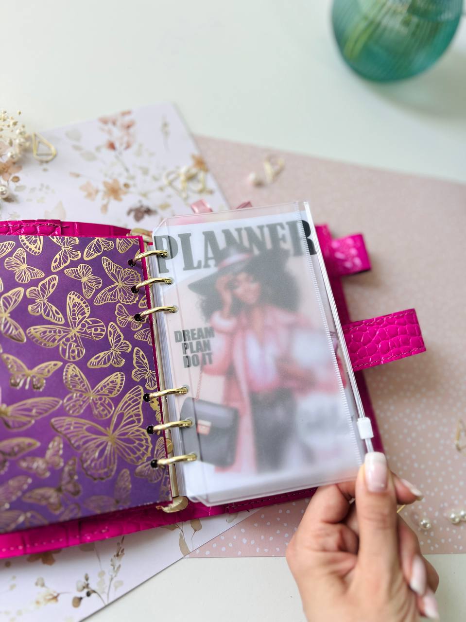 English language A6 NEW SIZE leather hot pink double planner cover binder 6 rings binder, leather planner, gift for her, medium size planner.