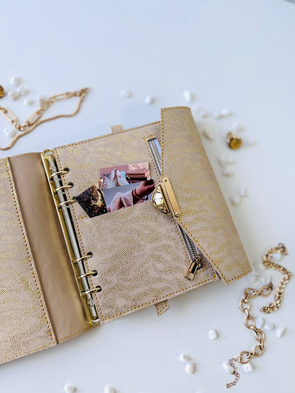 Gold leather binder big 6 rings A5.