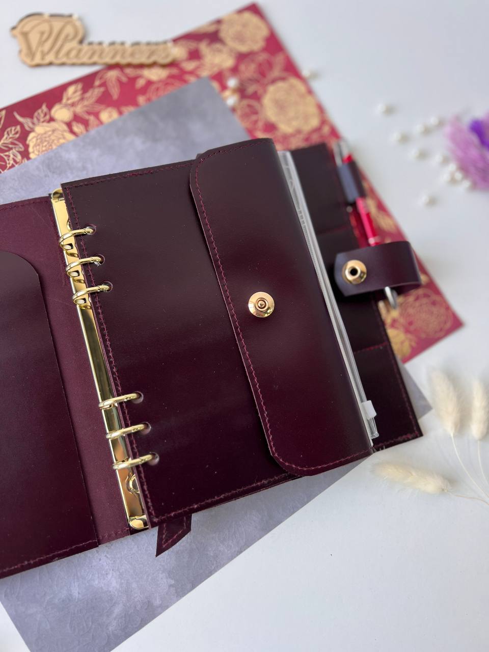 Leather classic Burgundy notebook cover A5 with binder 6 rings, Leather template, A5 ring binder, Leather wallet template,Binder wallet.