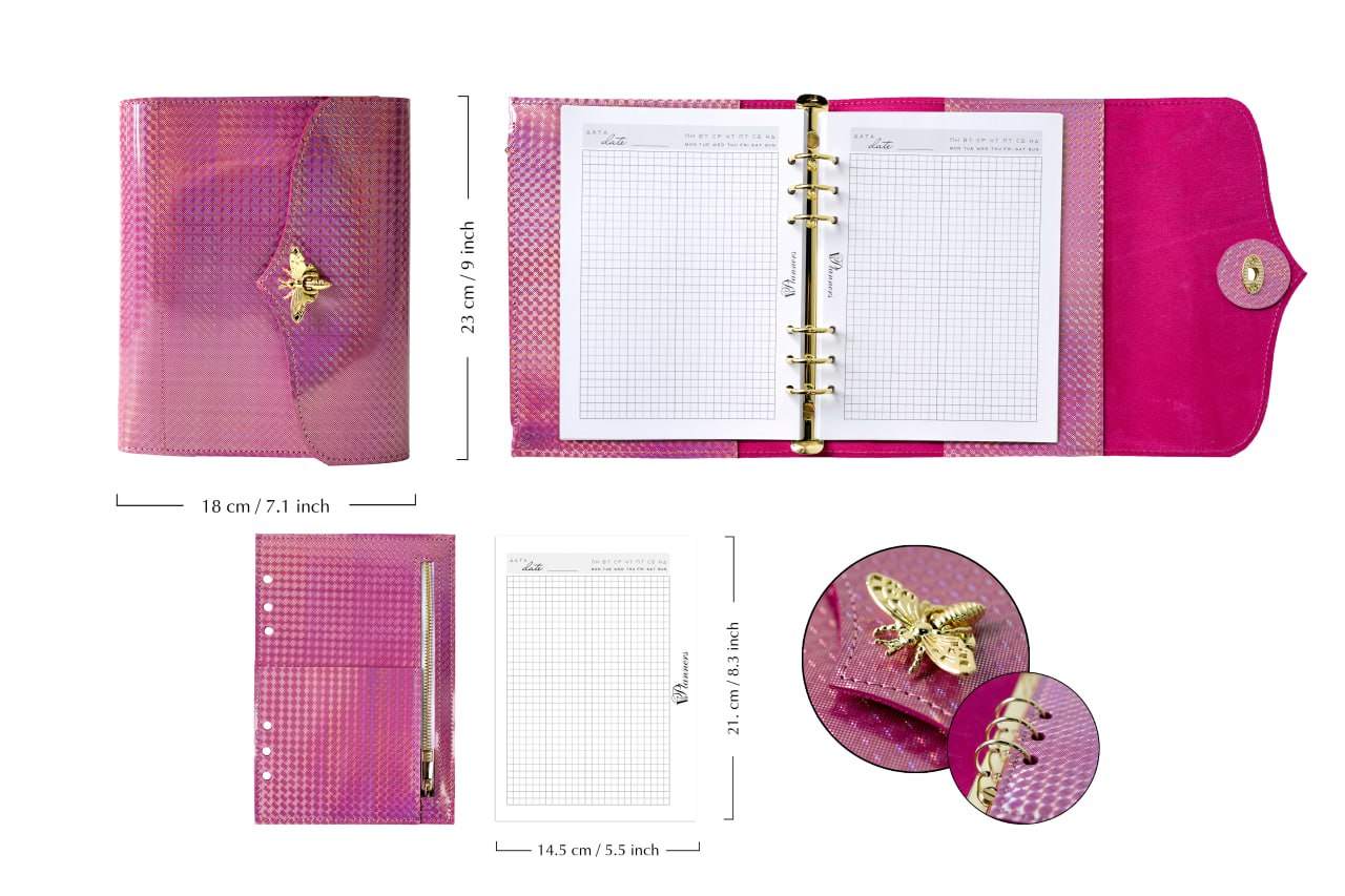 RARE holographic pink leather notebook cover A5. Natural Italian Leather Pink Planner A5, Leather template, A5 ring binder,Binder a5.