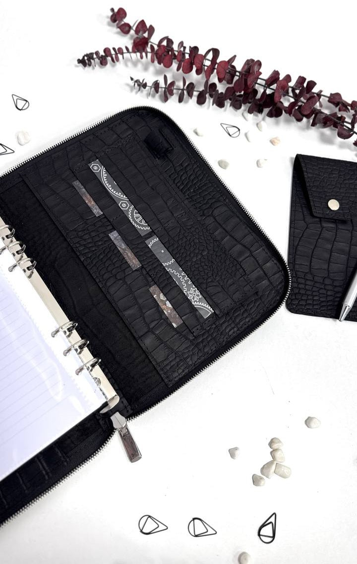 Perfect Gift for Him | Handmade Genuine Black Leather A5 Zippered Planner Set with Pen Case