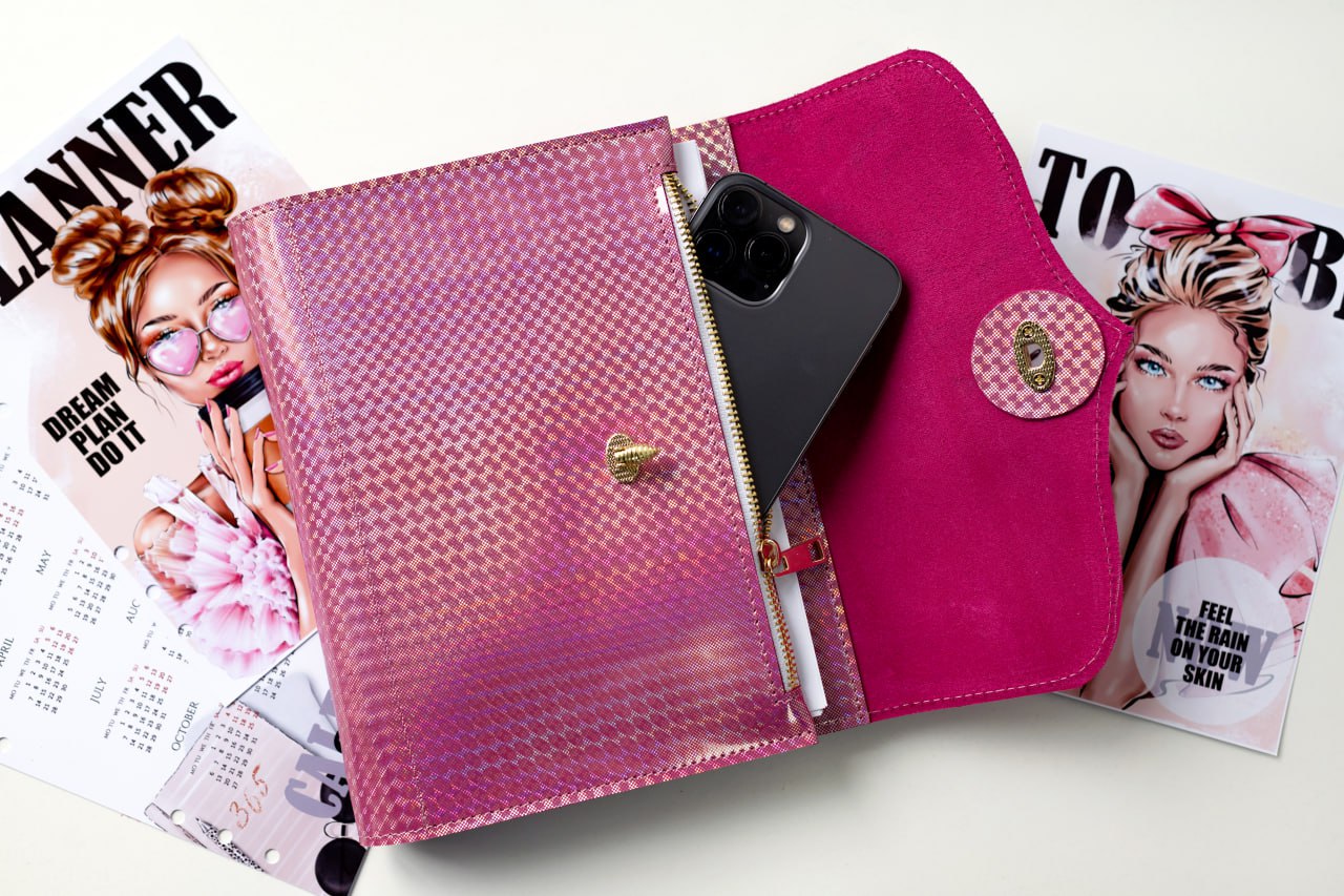 RARE holographic pink leather notebook cover A5. Natural Italian Leather Pink Planner A5, Leather template, A5 ring binder,Binder a5.