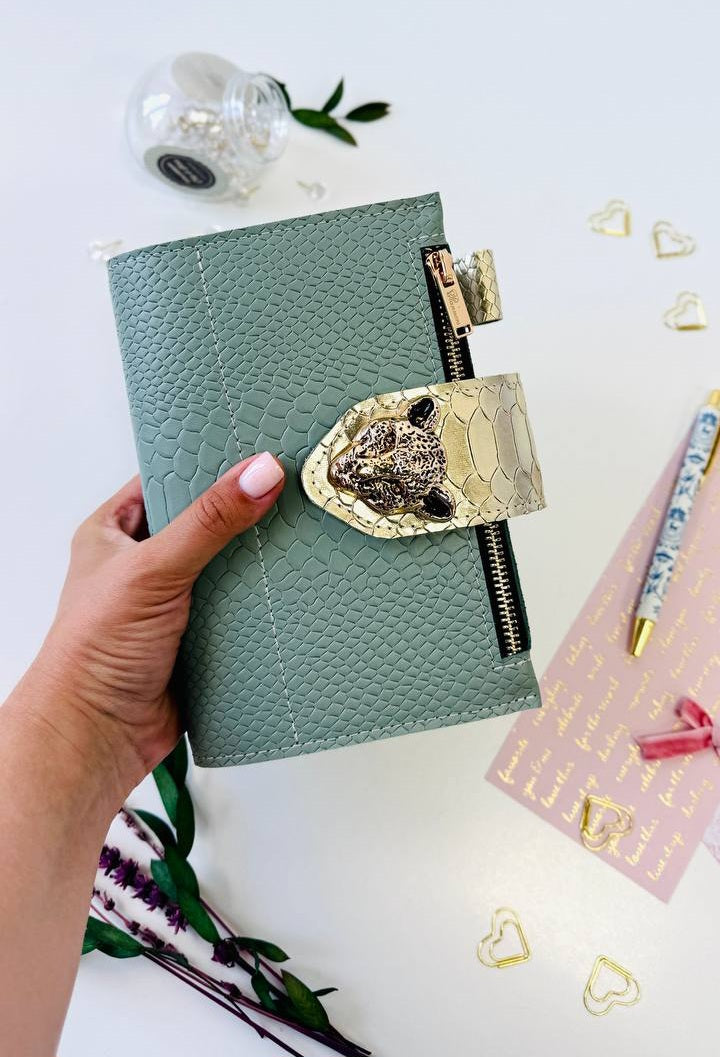 Pistachio Green A6 Genuine Leather Planner Binder – Gold Snake Accent with Panther Clasp