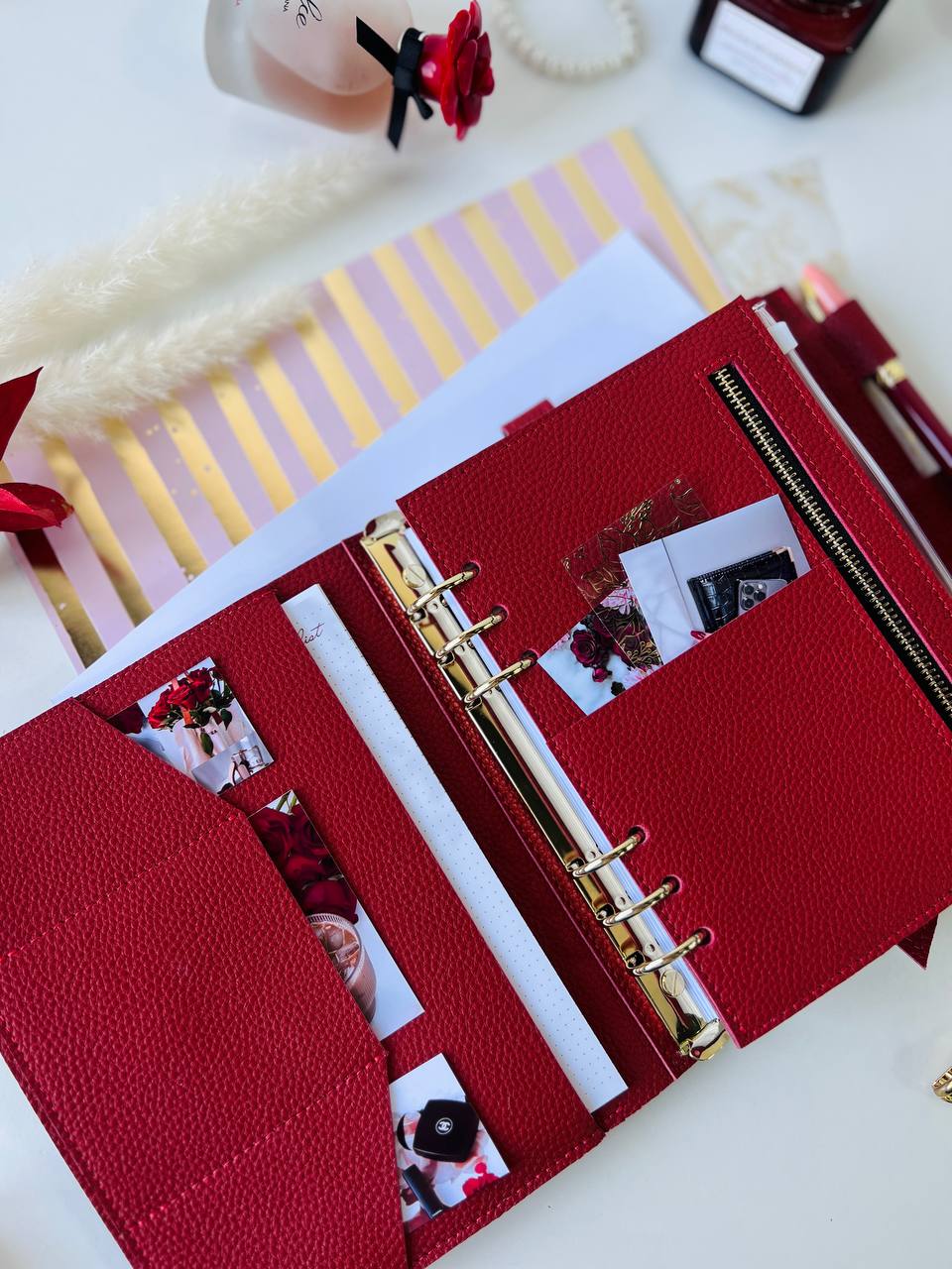Red leather notebook cover A5 for documents A4 and A5 format.