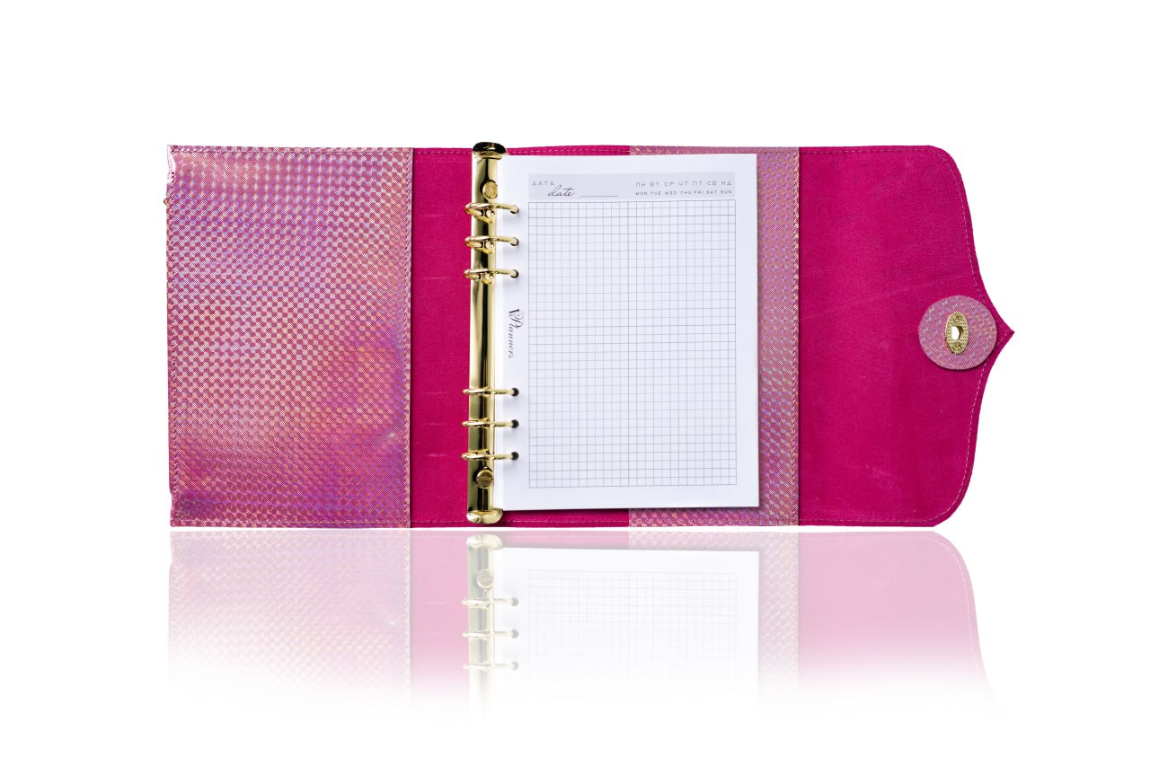RARE holographic pink leather notebook cover A5. Natural Italian Leather Pink Planner A5, Leather template, A5 ring binder,Binder a5.