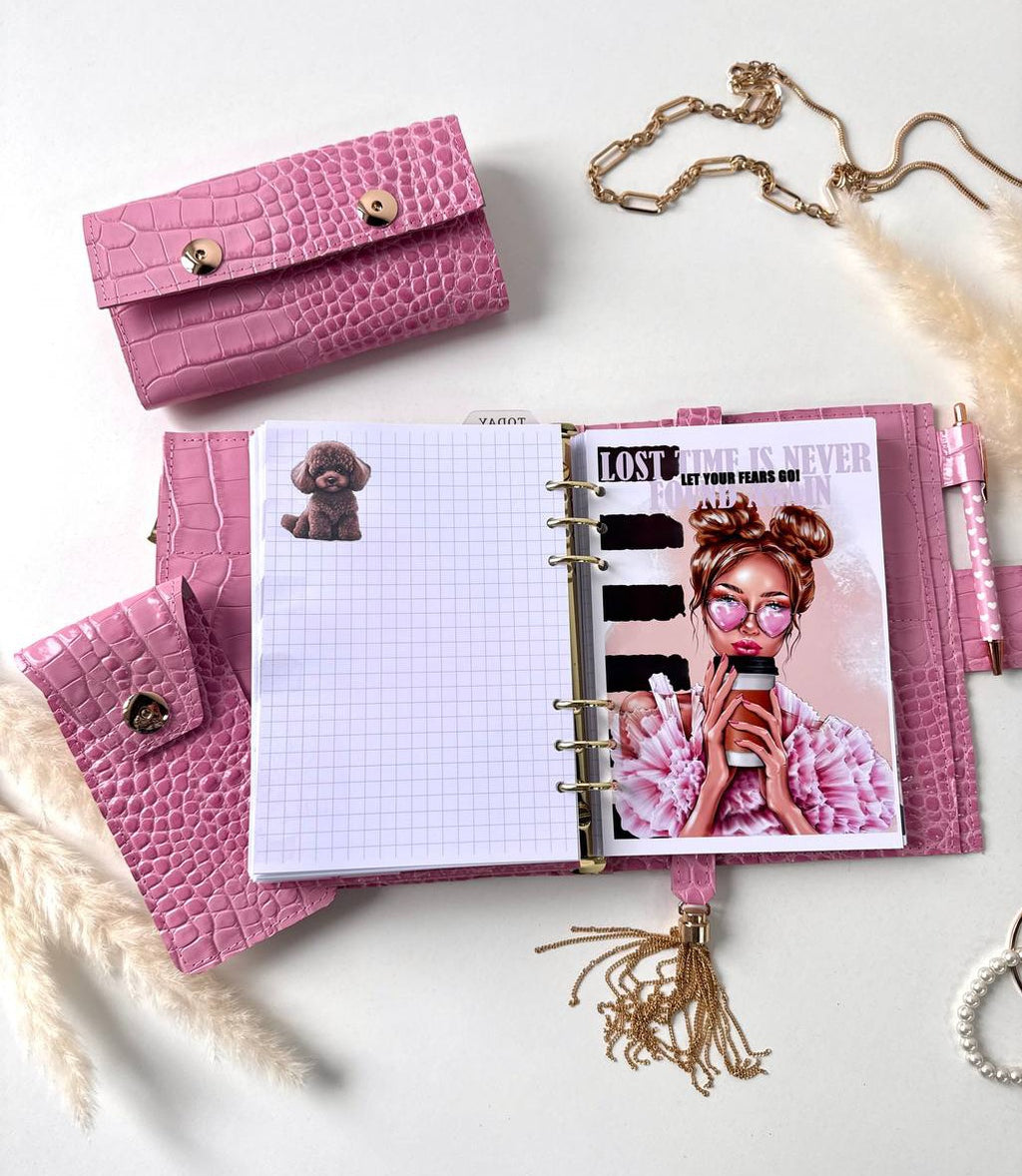Pink leather gift- planner A5, wallet and pencil case.