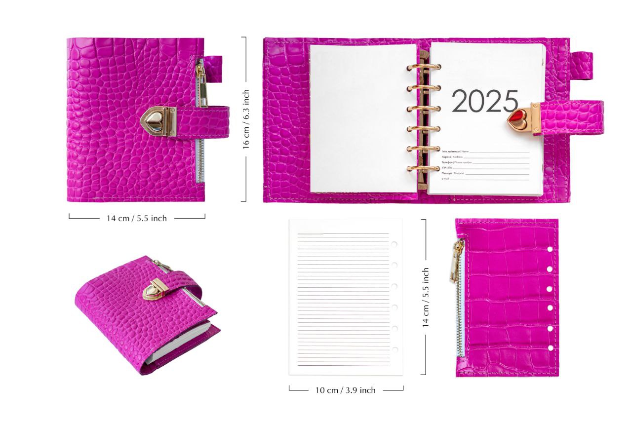 Hot pink leather notebook cover A7 mini wallet organizer 6 big binder rings.