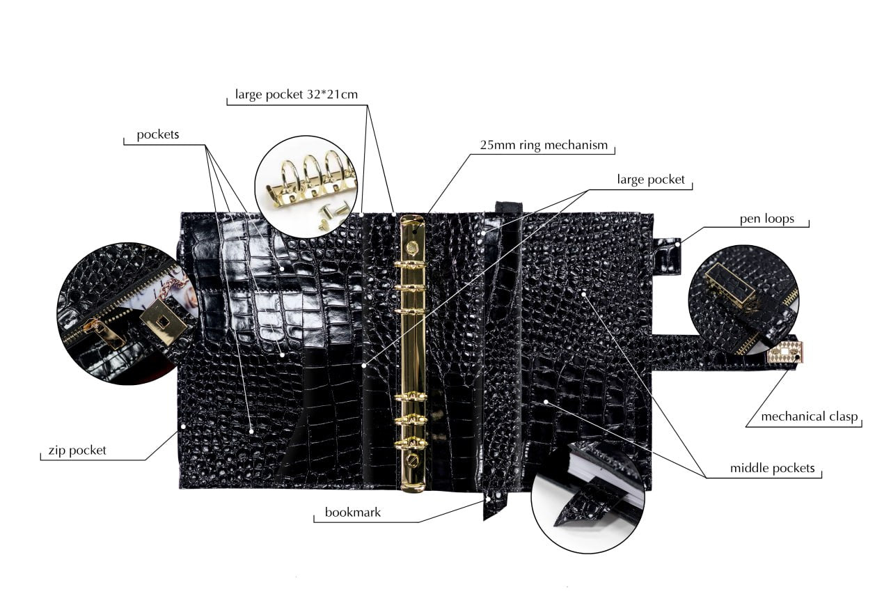 Cyprus, Limassol. Black croco leather notebook cover A5 for documents A4 and A5 format.