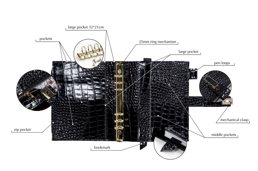 Black croco leather notebook cover A5 for documents A4 and A5 format.