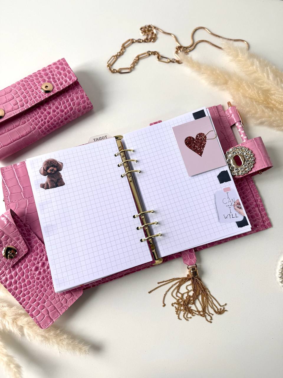 Pink leather gift- planner A5, wallet and pencil case.