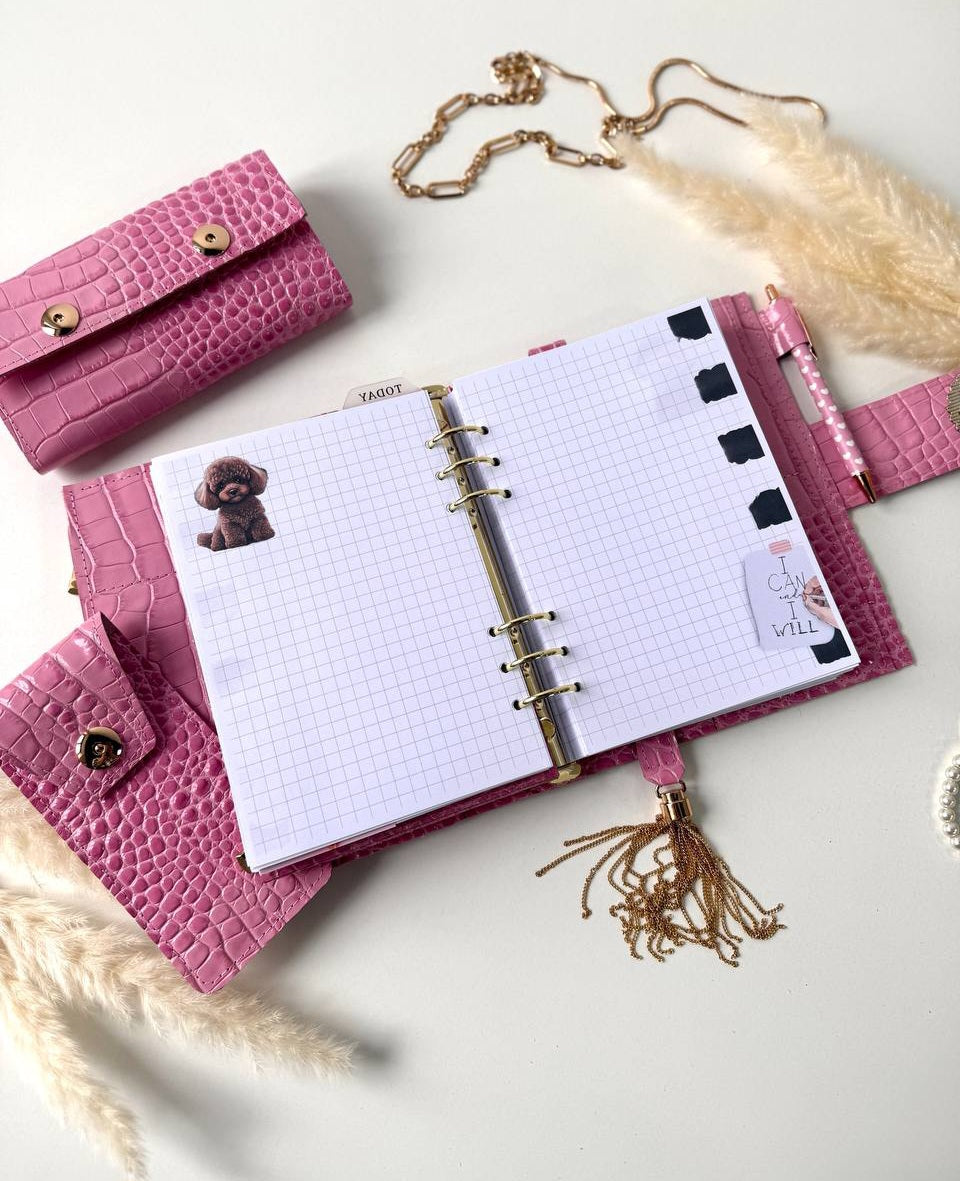 Pink leather gift- planner A5, wallet and pencil case.