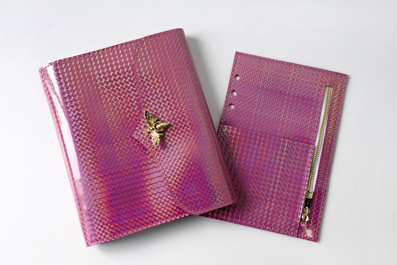 RARE holographic pink leather notebook cover A5. Natural Italian Leather Pink Planner A5, Leather template, A5 ring binder,Binder a5.