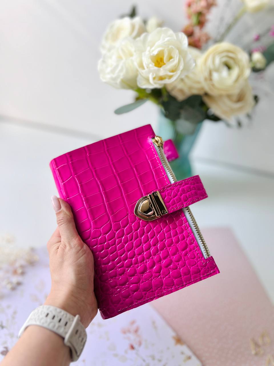 English language A6 NEW SIZE leather hot pink double planner cover binder 6 rings binder, leather planner, gift for her, medium size planner.