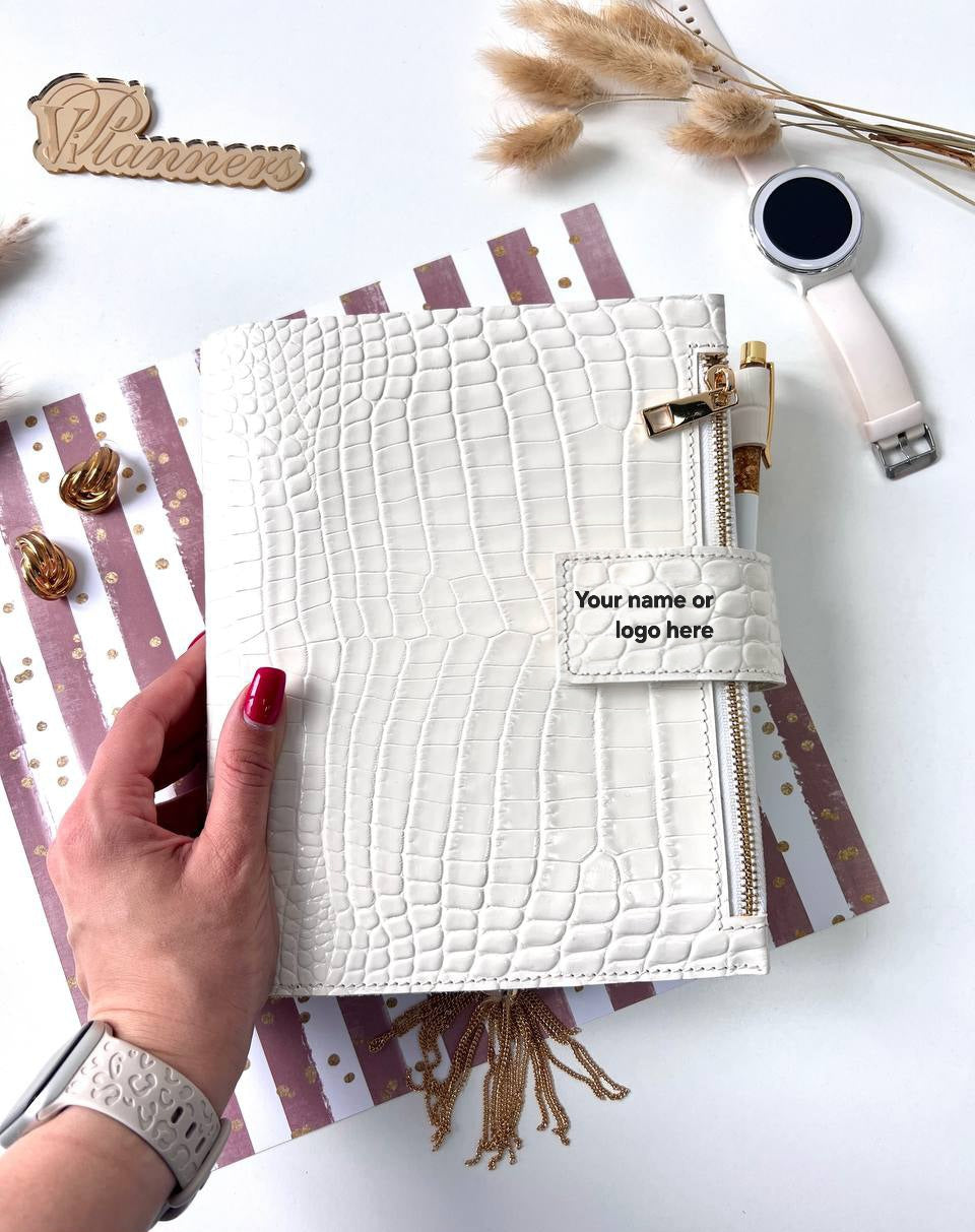 Personalized DAY WITH TIME leather planner big binder A5- cover for documents A4 and A5 format.