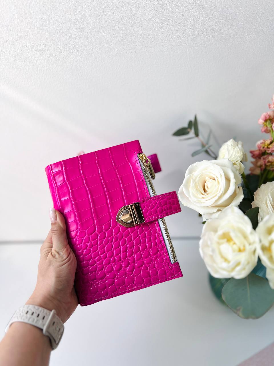 English language A6 NEW SIZE leather hot pink double planner cover binder 6 rings binder, leather planner, gift for her, medium size planner.