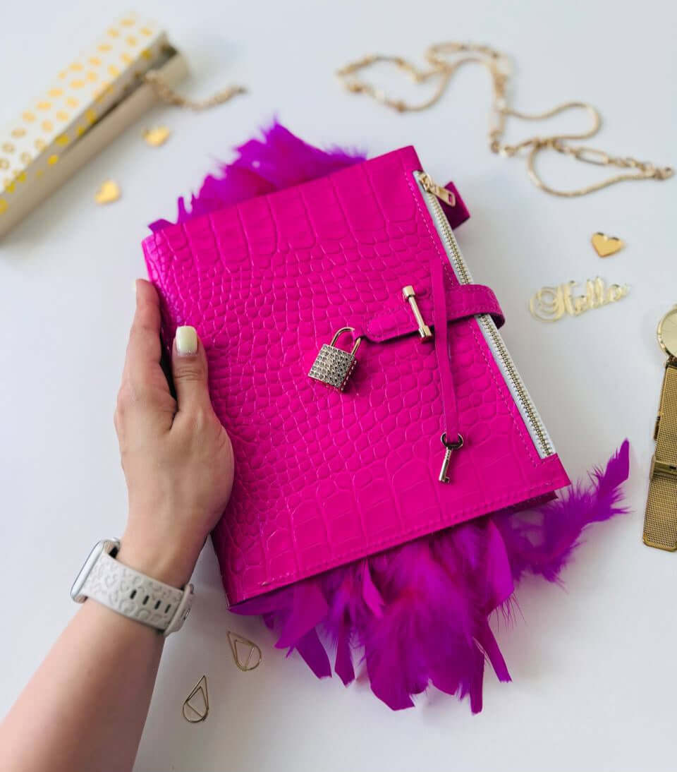 Hot pink leather planner A5 with secret lock in the stones with gifts 🎁