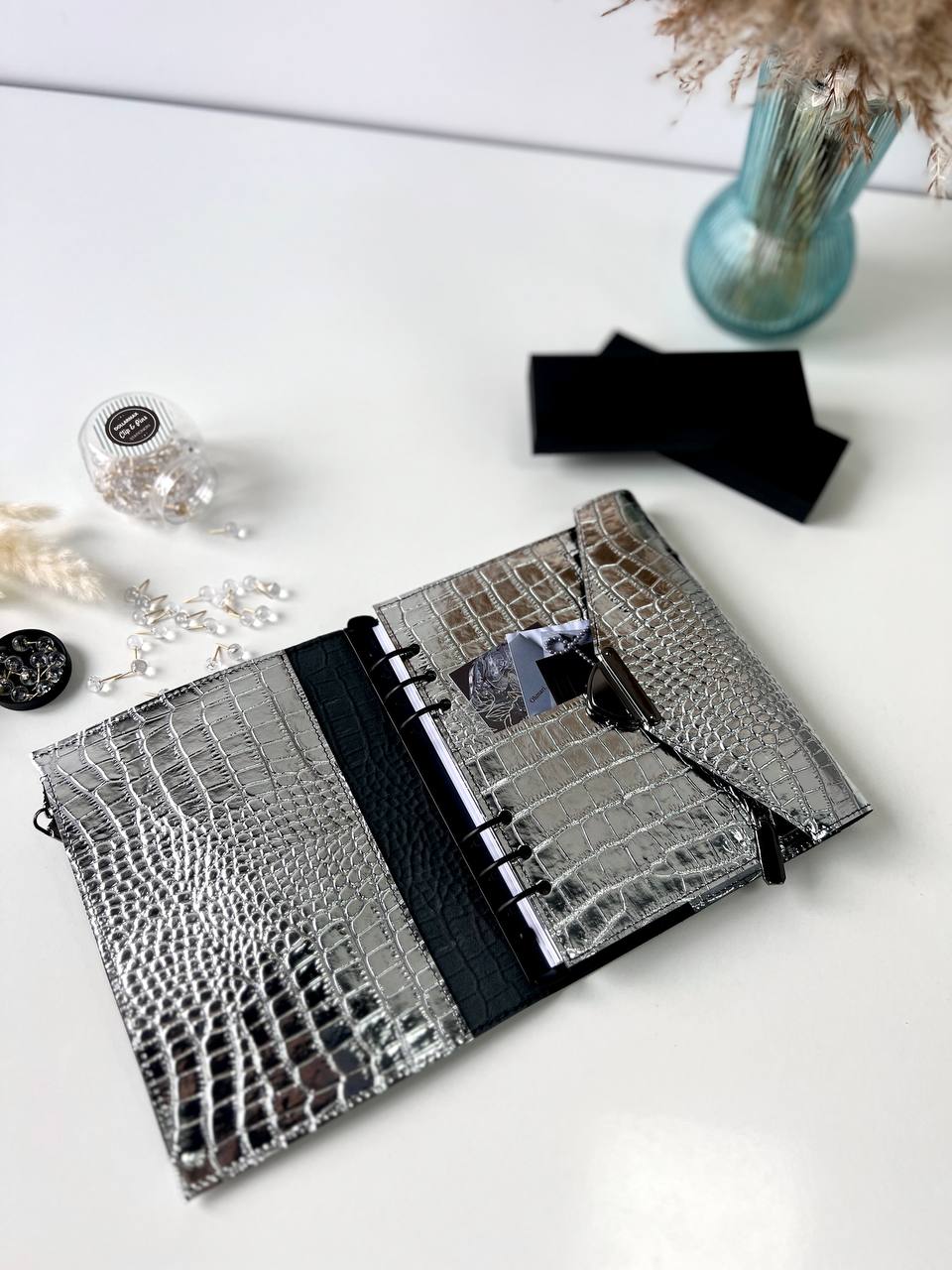Rare silver leather like a mirror. Perfect leather planner A5.