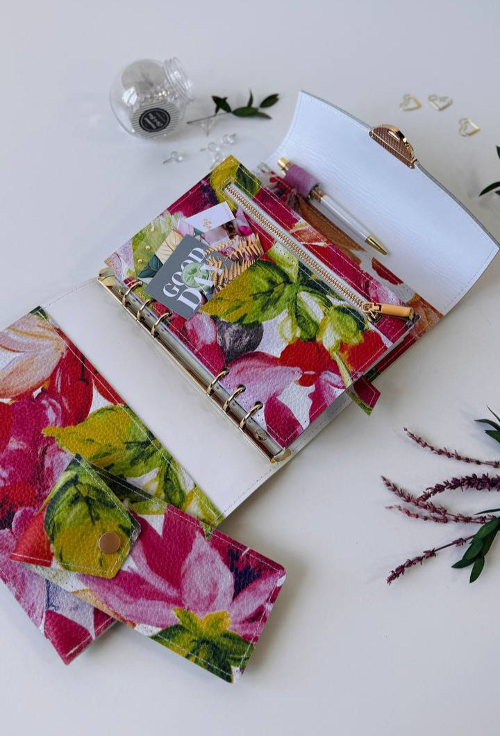 Handcrafted A5 Genuine Leather Floral Planner Binder Set with Matching Pencil Case