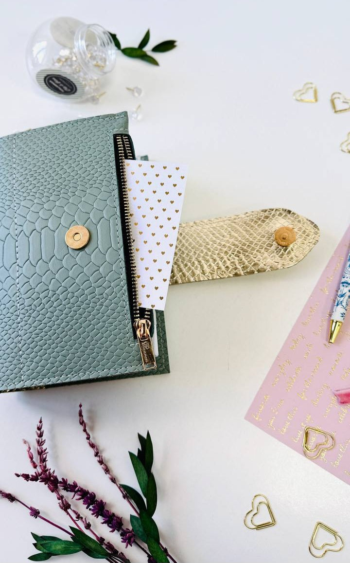 Pistachio Green A6 Genuine Leather Planner Binder – Gold Snake Accent with Panther Clasp