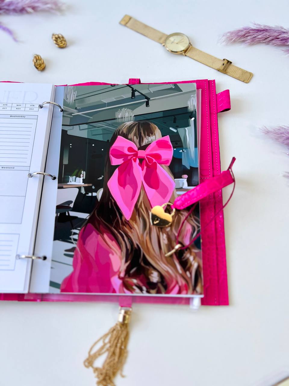 A4 leather notebook cover. Padfolio. Portfolio. A4 size with binder and pages padfolio planner. Leather hot pink.