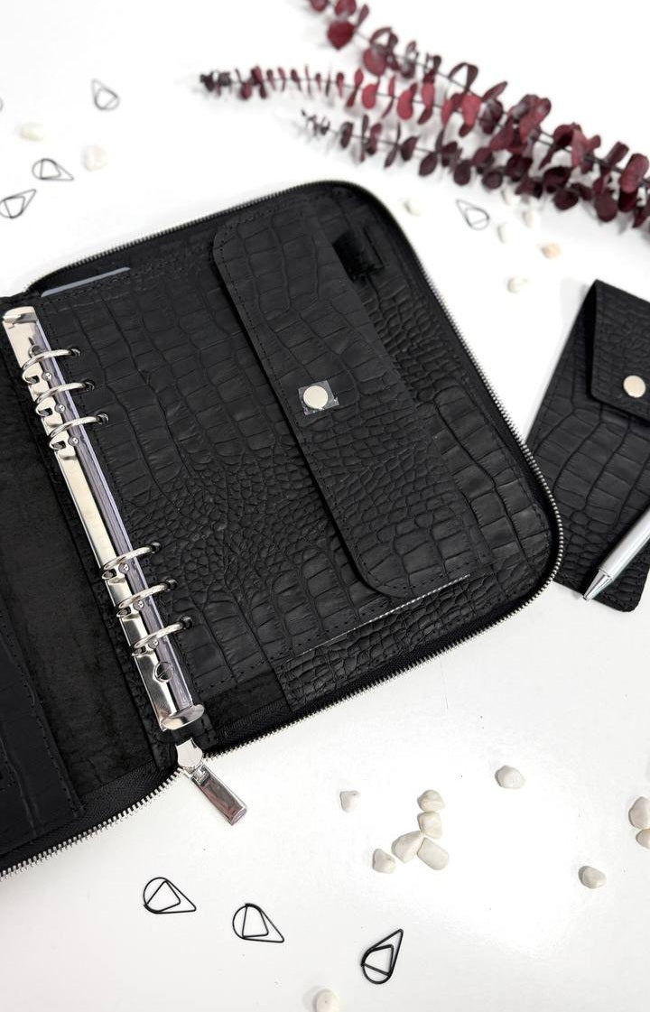 Perfect Gift for Him | Handmade Genuine Black Leather A5 Zippered Planner Set with Pen Case