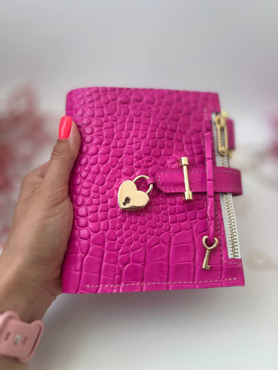 Hot pink leather notebook cover A7 mini wallet planner.