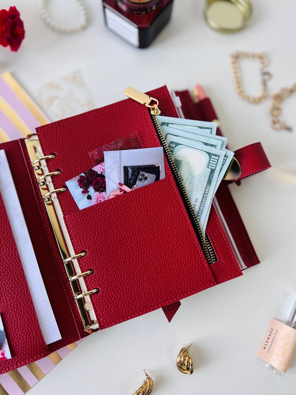 Red leather notebook cover A5 for documents A4 and A5 format.