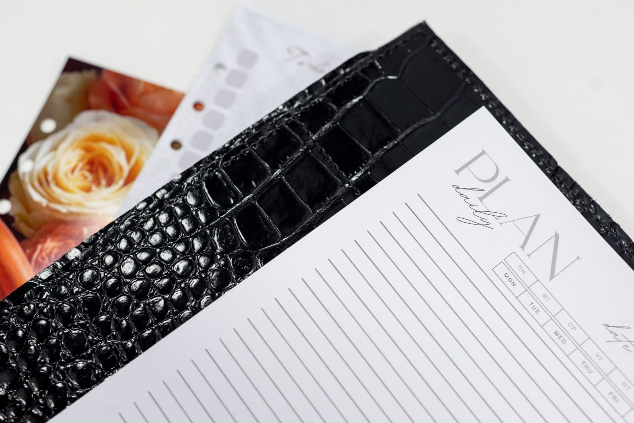 Cyprus, Limassol. Black croco leather notebook cover A5 for documents A4 and A5 format.