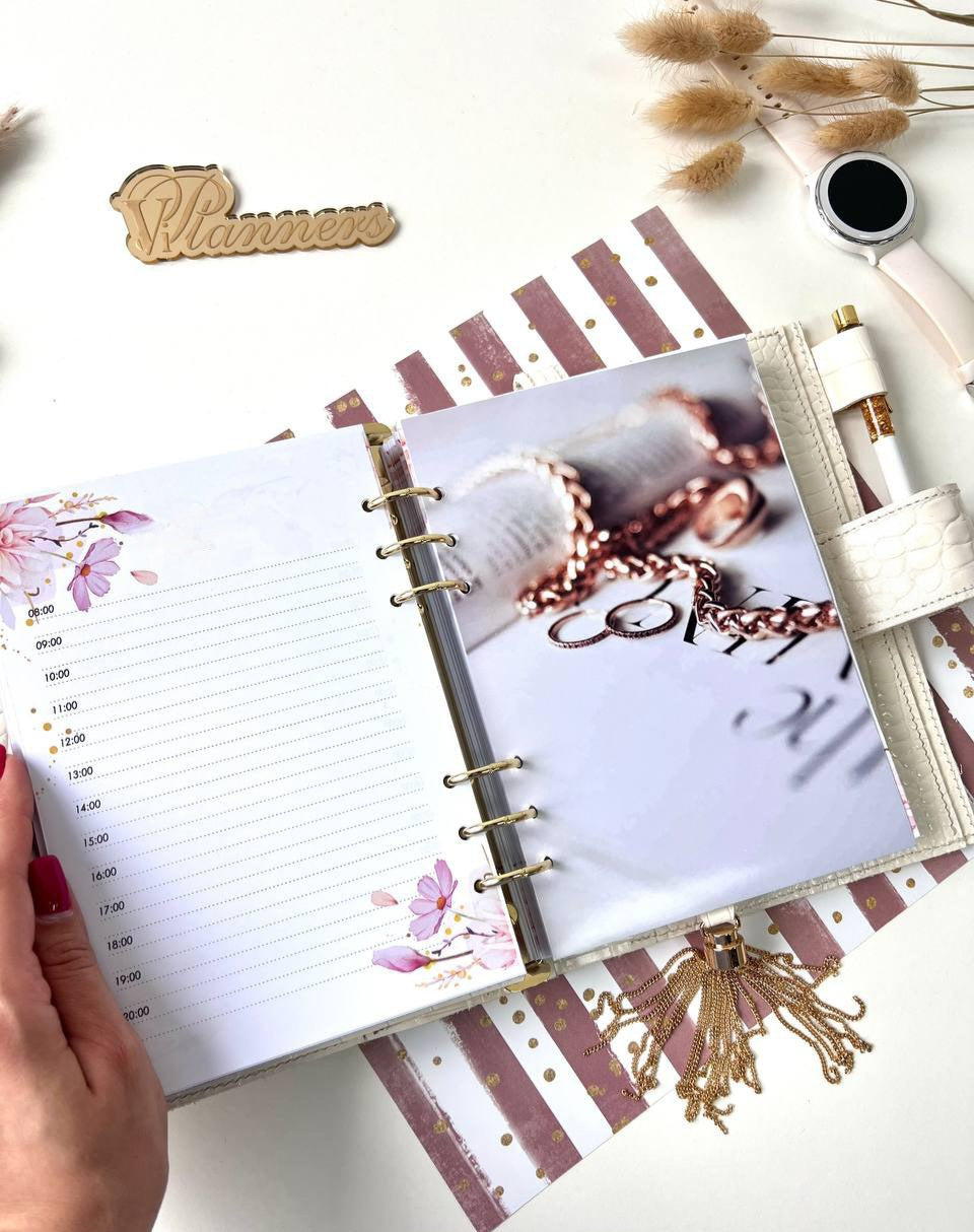 Personalized DAY WITH TIME leather planner big binder A5- cover for documents A4 and A5 format.