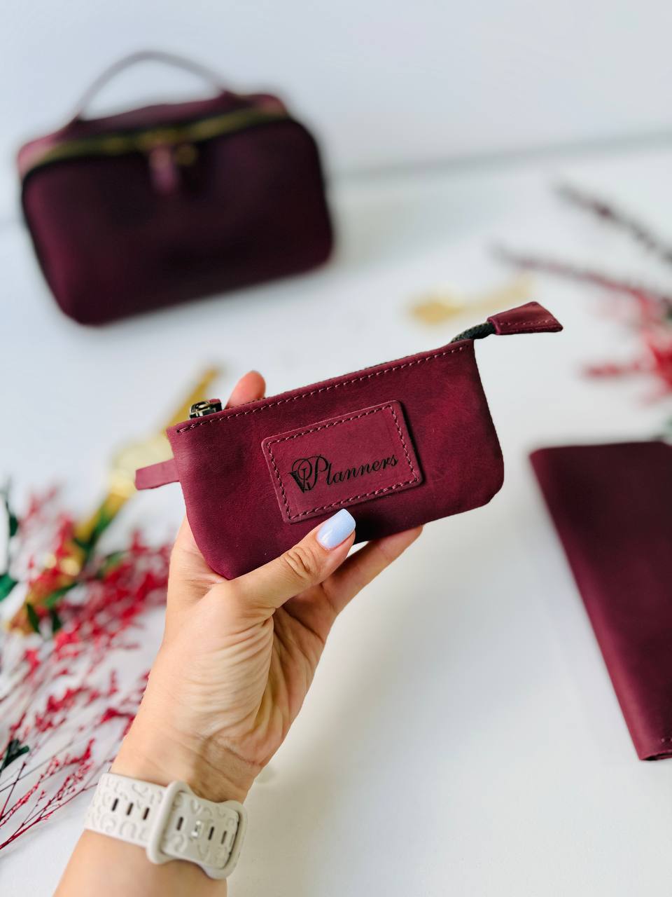 Luxury Leather Gift Set: Notebook, Wallet, Cosmetic Bag, Keychain - Personalized.