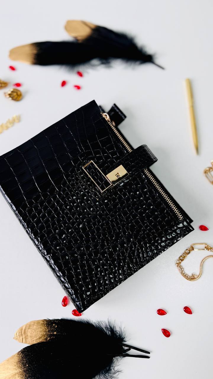 Cyprus, Limassol. Black croco leather notebook cover A5 for documents A4 and A5 format.