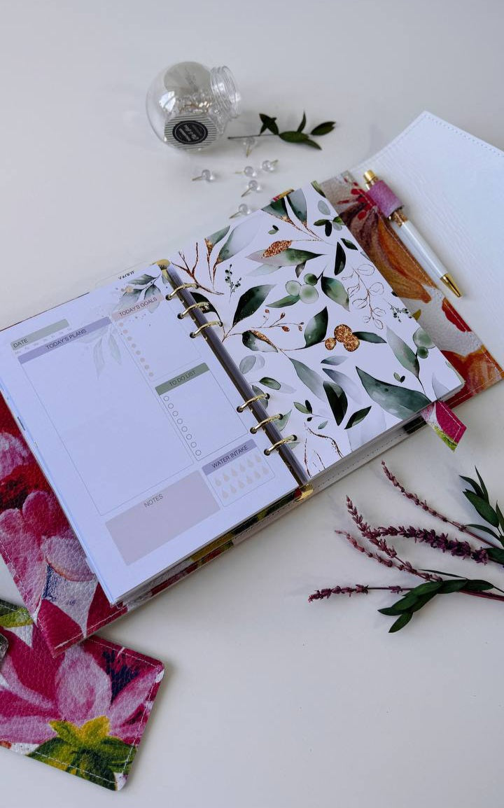Handcrafted A5 Genuine Leather Floral Planner Binder Set with Matching Pencil Case
